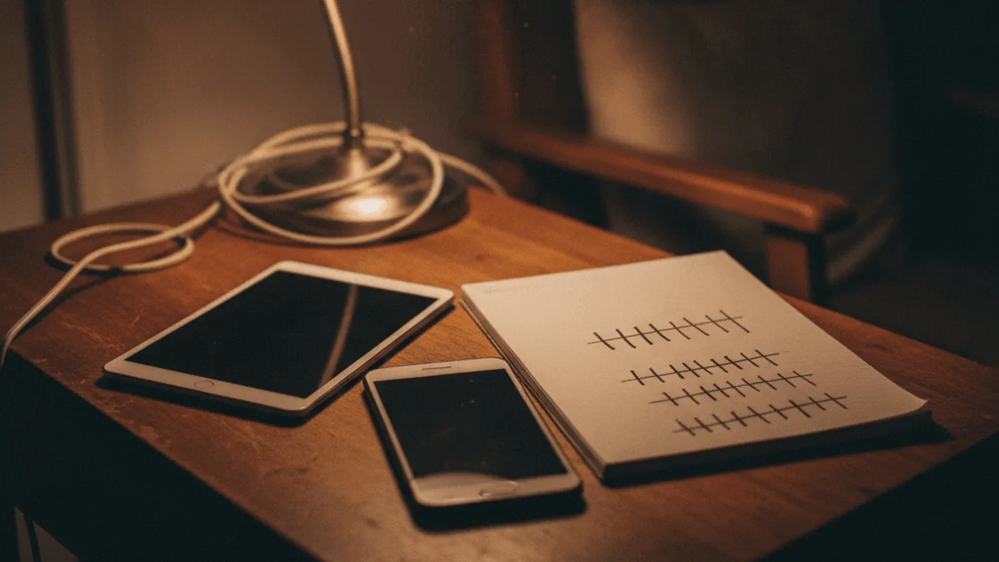 A phone and tablet on a wooden desk next to a notebook with tally marks, lit by a desk lamp at night.