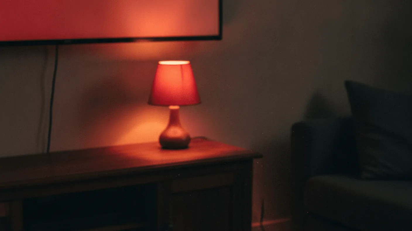 A man's hand reaches for a remote resting on a black streaming box, illuminated by a red-shaded lamp.