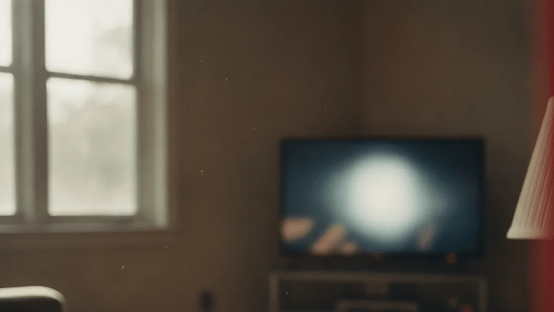 A man's hand presses a button on a remote control in a sunlit living room with a blurry TV screen.