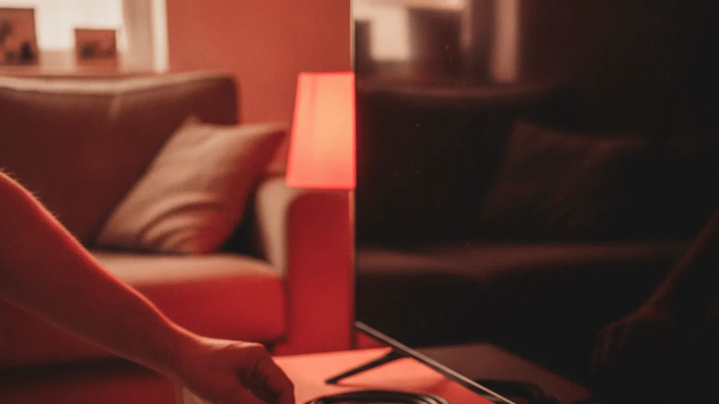 A person connects a black set-top box to a television on a wooden media unit in a dimly lit living room.