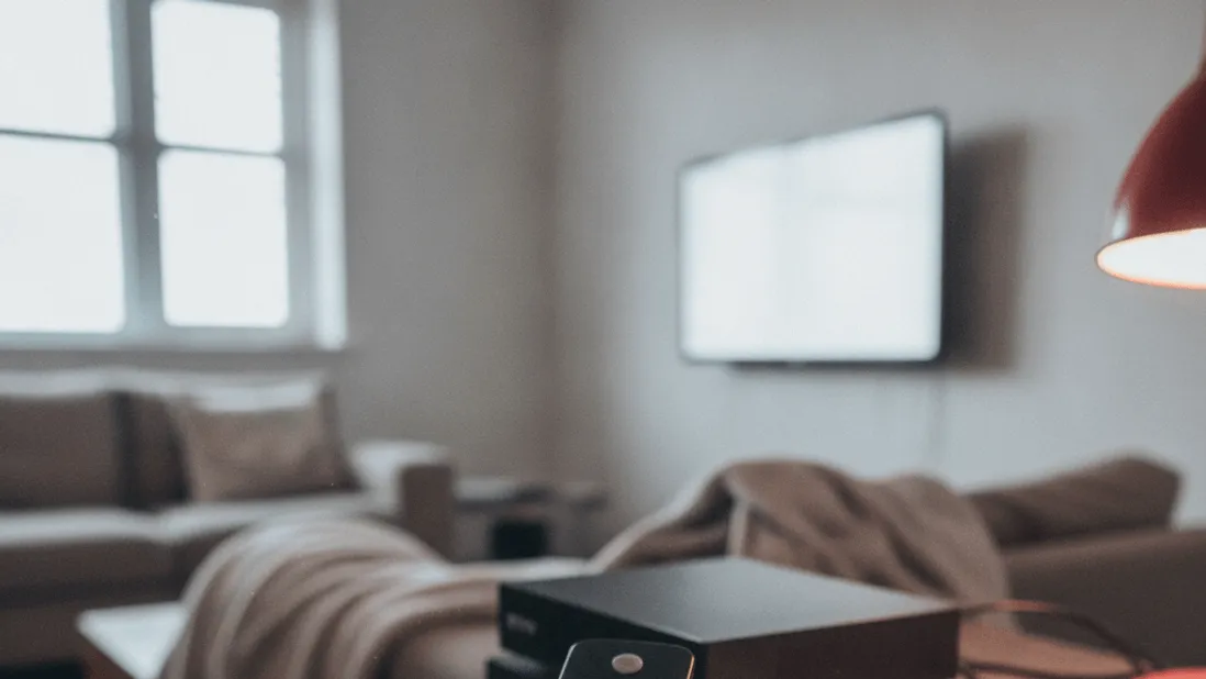 A close-up of a hand holding a remote control with blurred IPTV boxes and a notebook in the background.