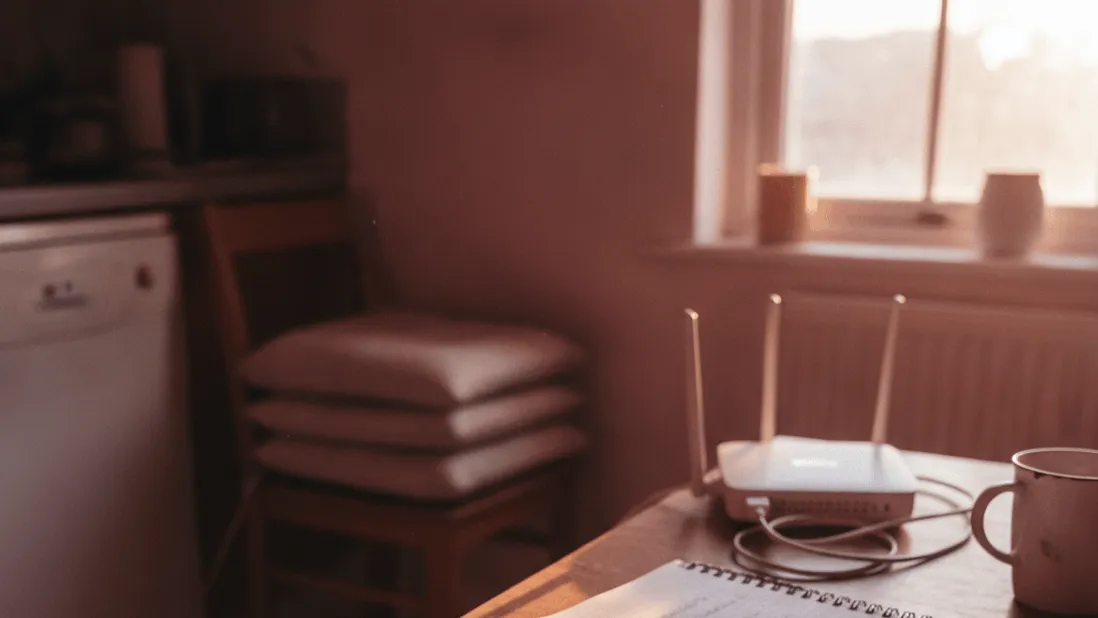 A tablet rests on a wooden kitchen table next to a notepad, with an unplugged router and window in the background.