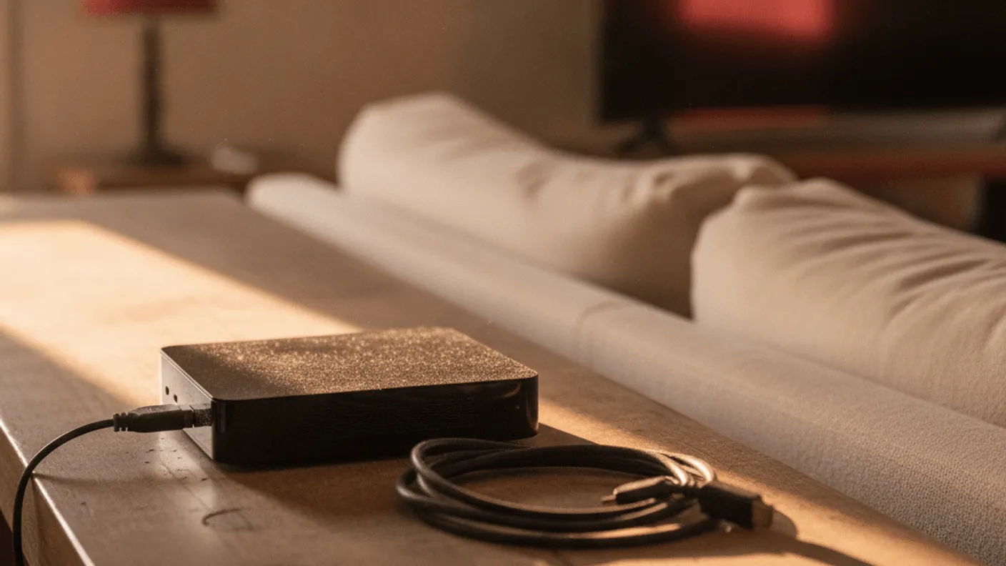 A small black media box sits on a wooden shelf next to a coiled cable, with dust illuminated by early morning light.