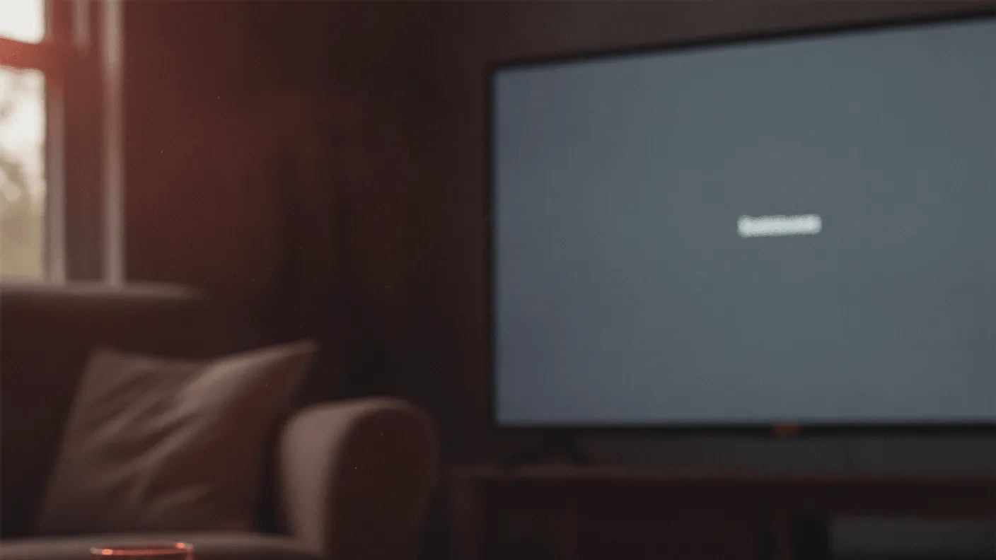 A television remote and a hand rest on a wooden coffee table at dusk, a TV with a grey screen blurred behind it.