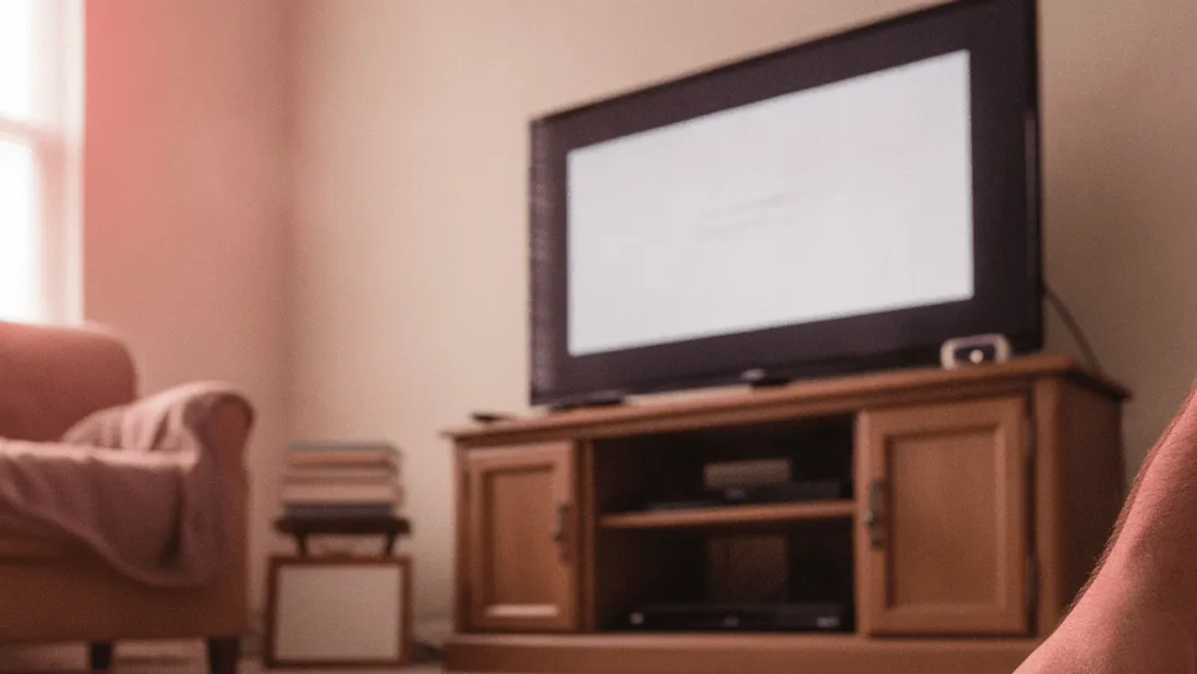 A hand holds a cable connected to a small black streaming box on a carpeted floor in a living room.