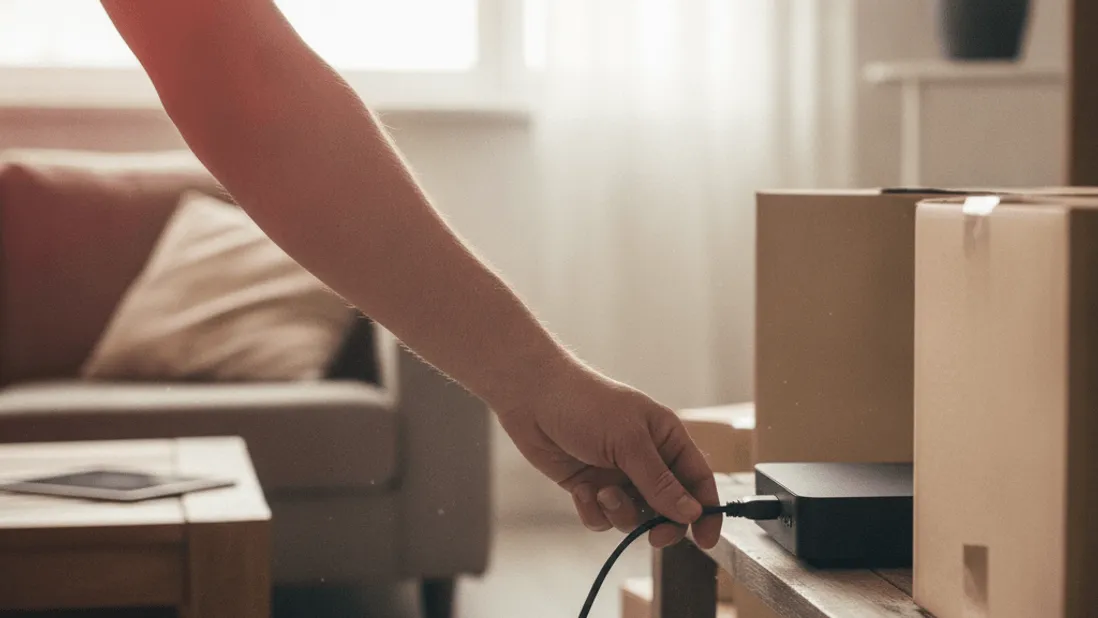 A hand plugs an ethernet cable into a small black streaming box on a low shelf beside stacked cardboard boxes.