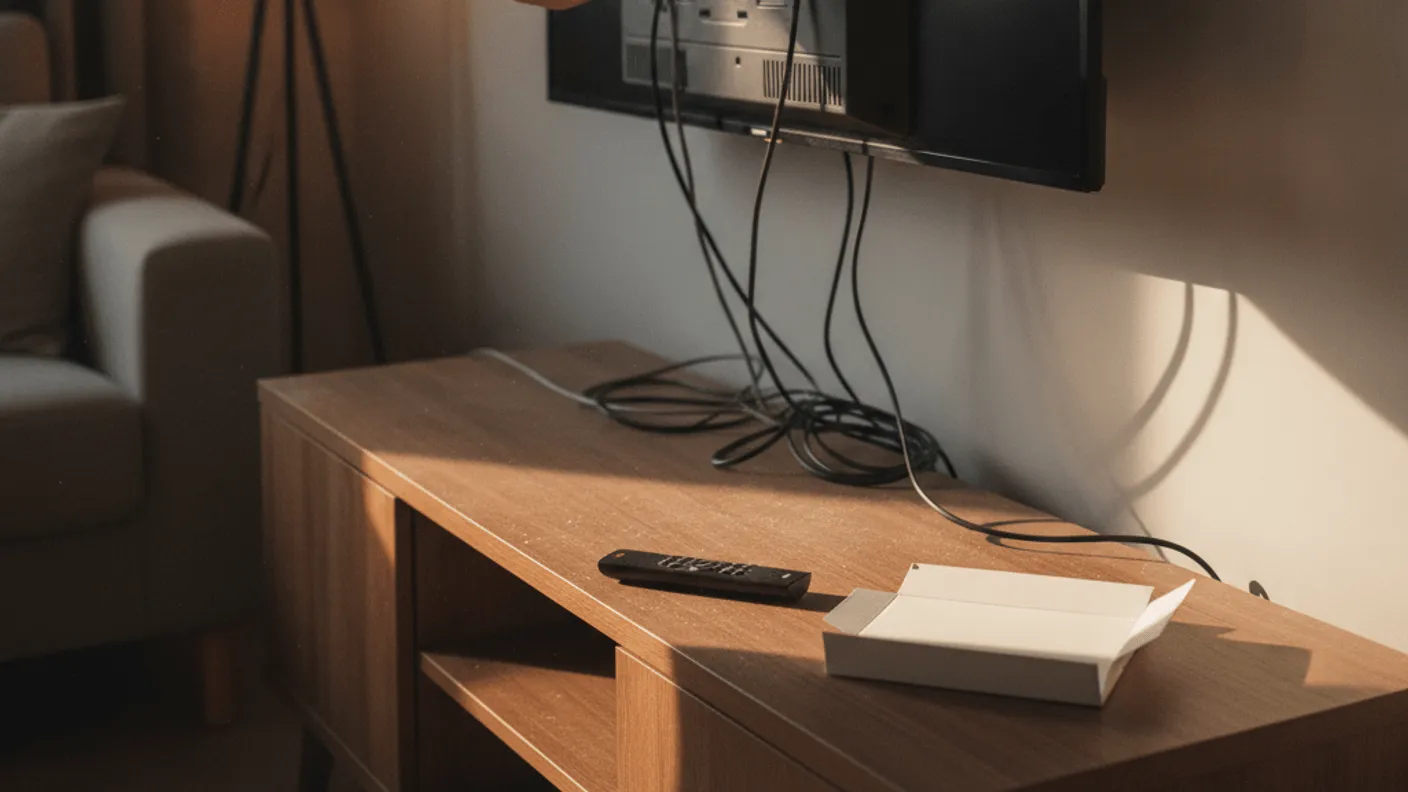 A man inserts a streaming device into a wall-mounted television in a living room with late afternoon light.