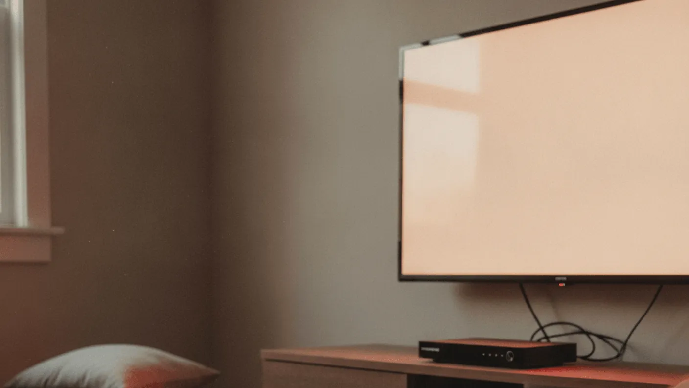 A male hand with a remote control rests near a small black set top box on a low shelf beneath a television.