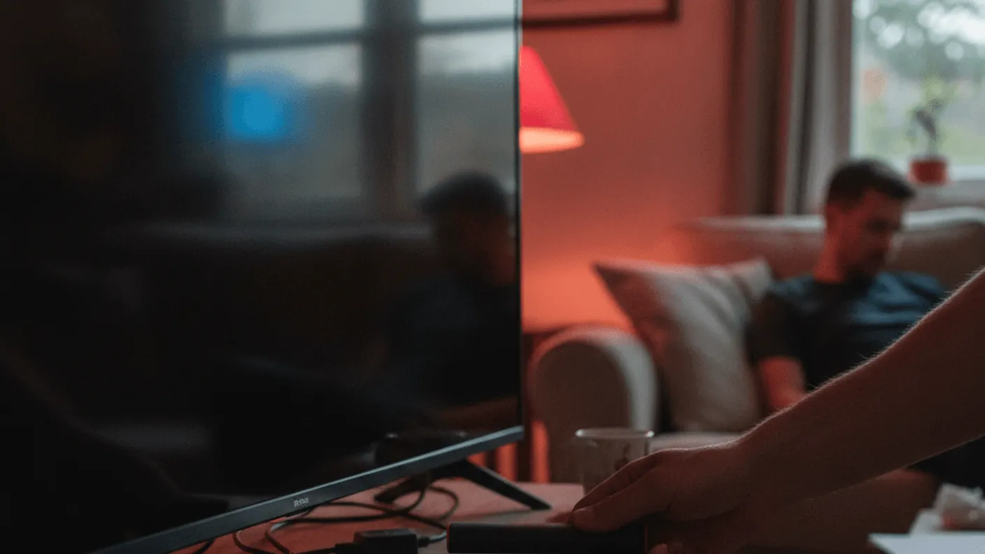 A person inserts a streaming stick into the HDMI port of a TV at dusk, with red light cast across the scene.