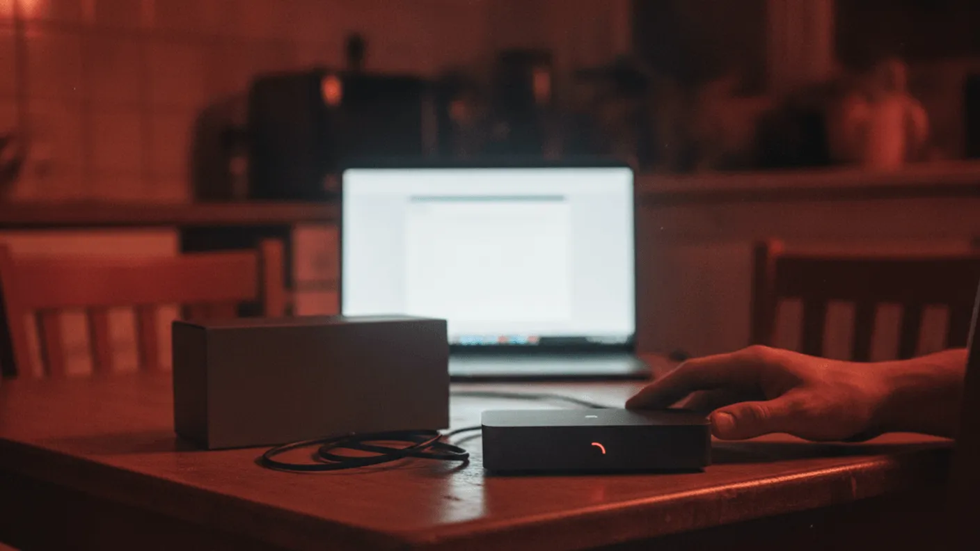 A kitchen table at night with a device, its box, cables, and a laptop with a blank screen.