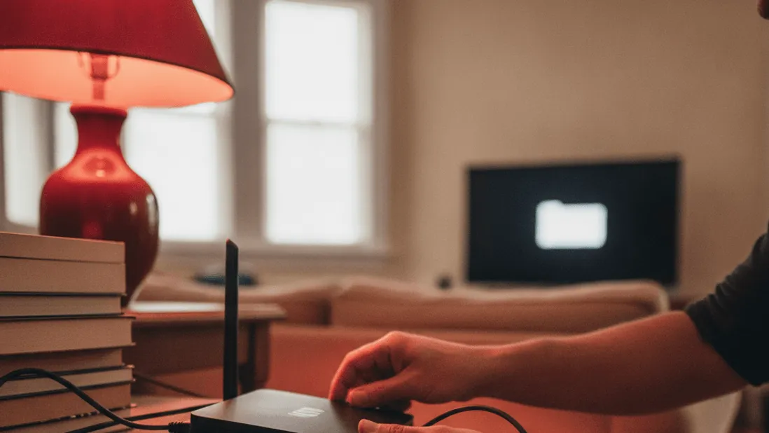 A man's hands adjust a broadband router on a cluttered media unit.
