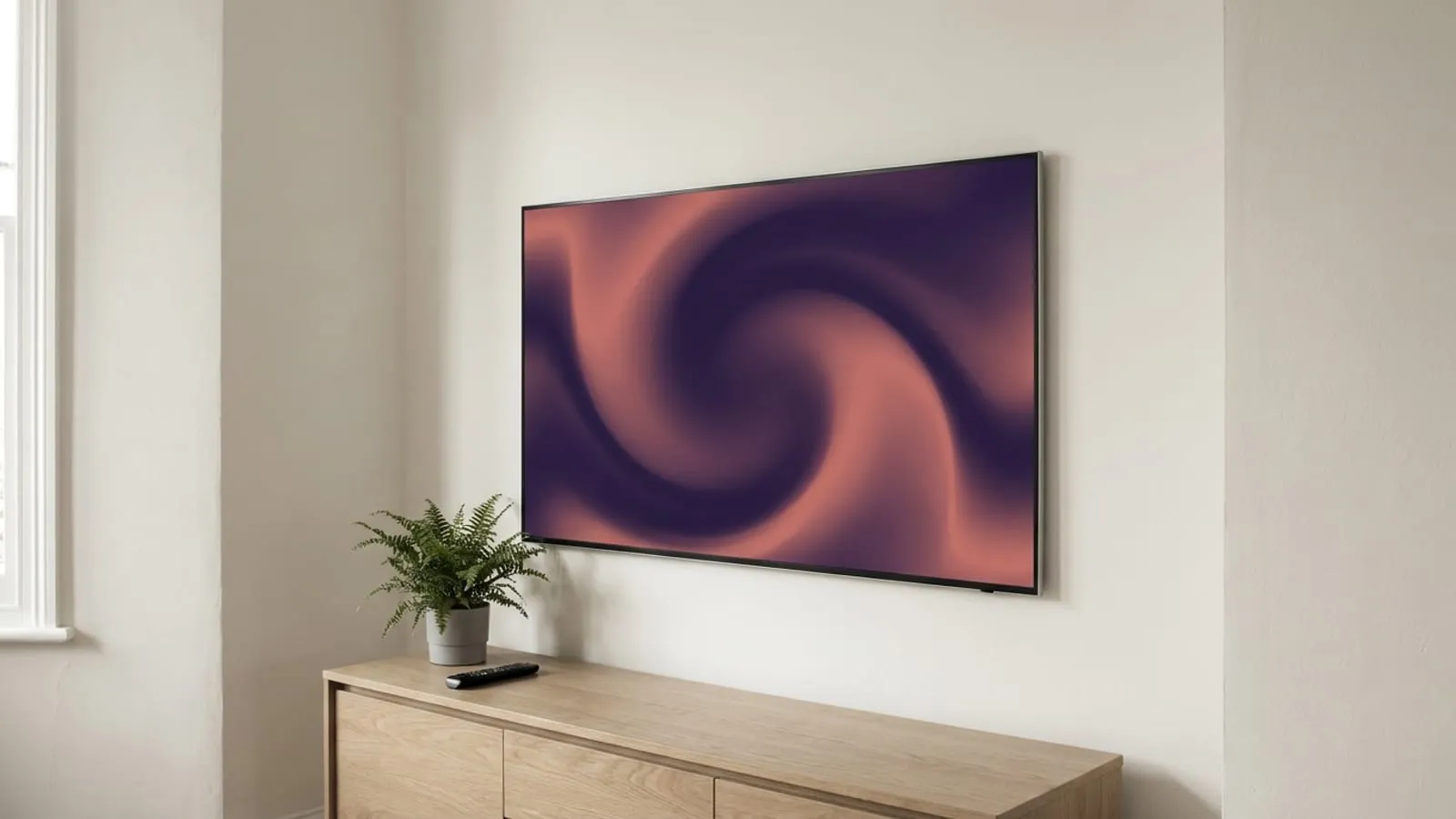 A wall-mounted 4K television showing an abstract purple and coral gradient