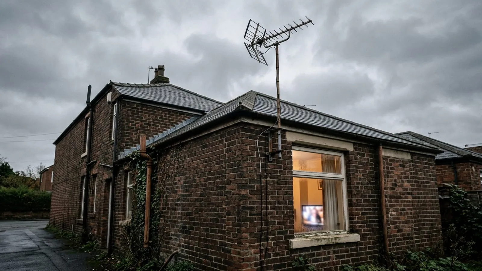 A rooftop television aerial on a British brick house against an overcast sky