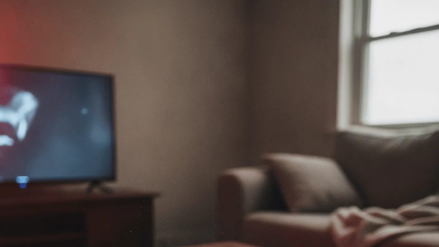 A tablet with a blank screen sits on a wooden coffee table with a remote and hands, a TV in the background.