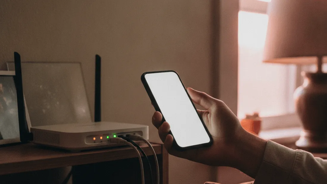 A person's hand holds a phone near a router with blinking lights on a shelf, with a window and lamp nearby.
